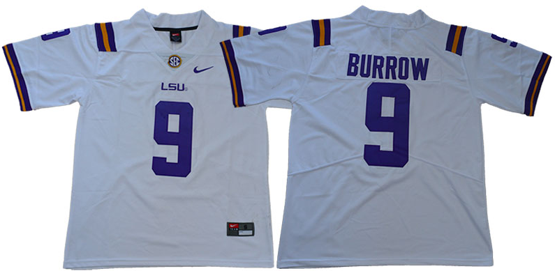 Men LSU Tigers 9 Burrow White NCAA Jersey